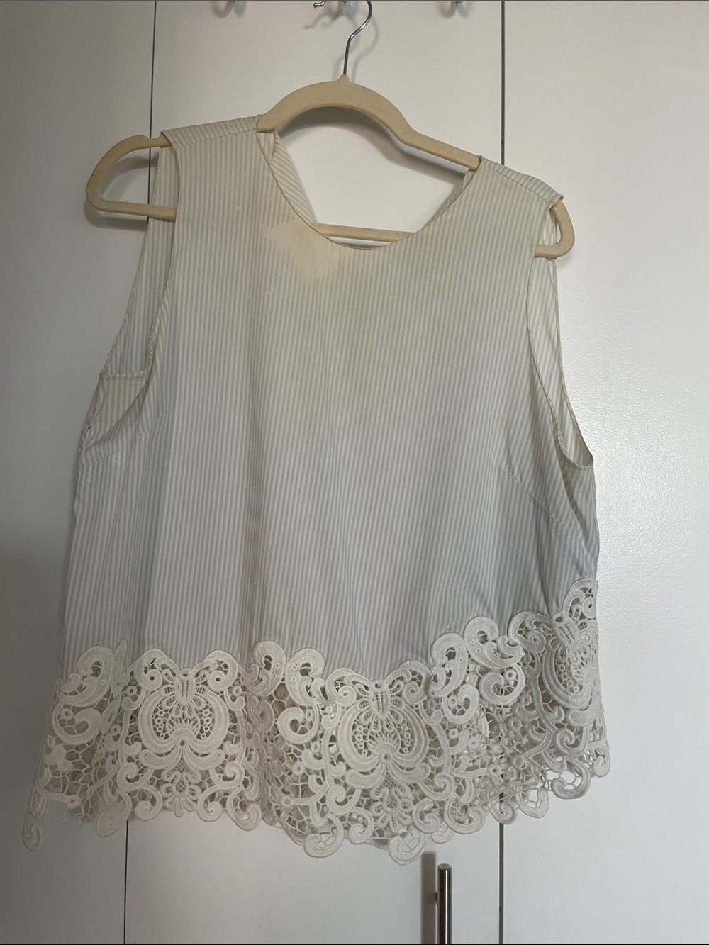 Light Blue and White Striped Lace-Hem Sleeveless Women's Summer Blouse